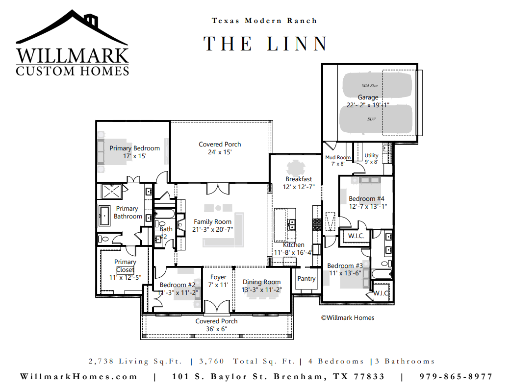 Texas modern ranch house plan with 4 bedrooms and 3 bathrooms, 2,738 sq. feet, Willmark Custom Homes- builder in Brenham, Round Top, Caldwell, Waller, Hempstead, Bellville and La Grange, TX.