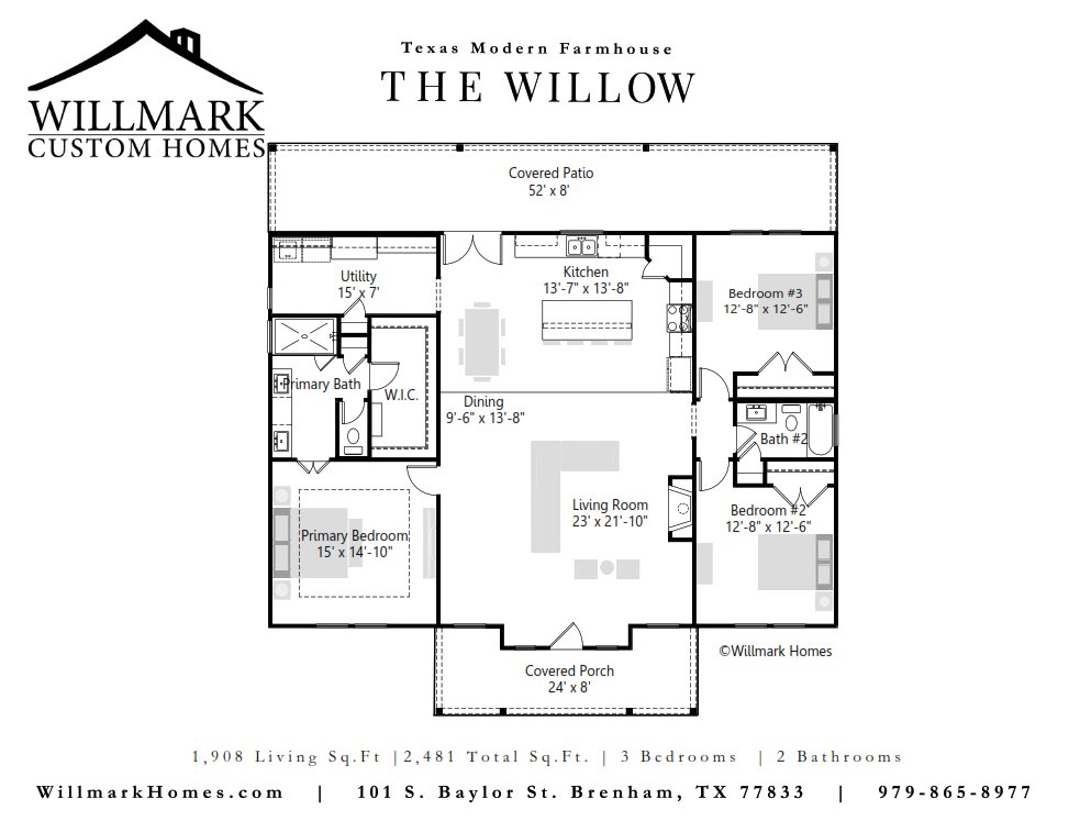 Modern farmhouse floorplan with 3 bedrooms and 2 bathrooms, 1,908 Sq. Feet designed by Willmark Custom Homes in Brenham, TX