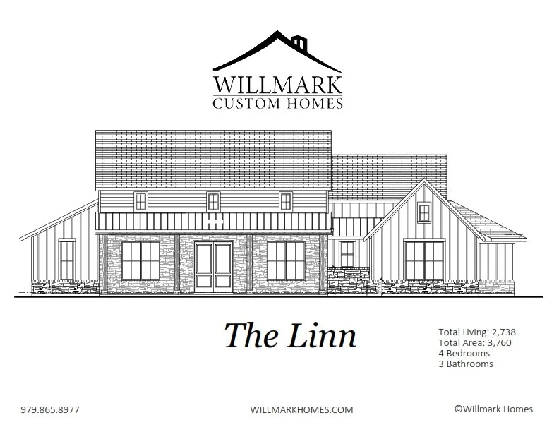 Line drawing of the exterior of a house by Willmark Custom Homes, named 'The Linn,' with details about its size, bedrooms, bathrooms, and contact information.