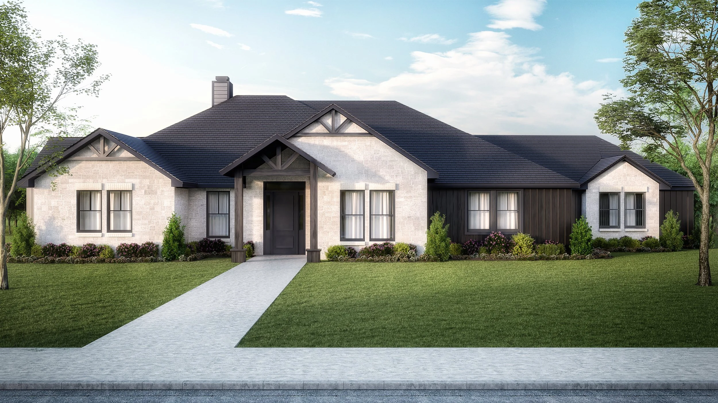 Modern single-story house with a black roof, white brick and black siding exterior, front pathway, and landscaped lawn with trees.