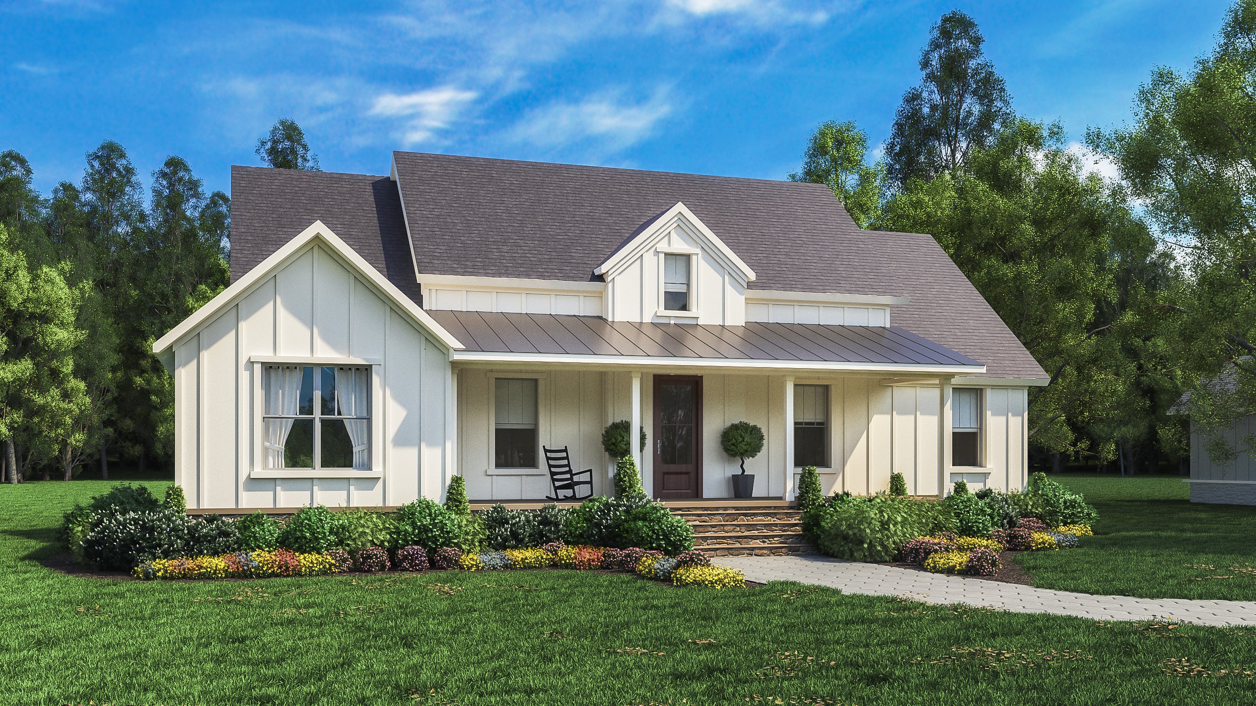 Texas Farmhouse Exterior with beautiful topiary and landscaping