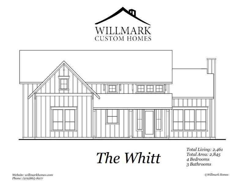 Architectural blueprint of a house design called The Whitt by Willmark Custom Homes, showing a modern farmhouse style with detailed windows, a chimney, and a gabled roof. Contact info and project details are at the bottom.