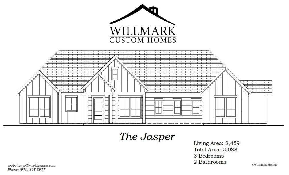 Line drawing of a house plan labeled Willmark Custom Homes, called The Jasper, with details about living area, total area, bedrooms, and bathrooms.
