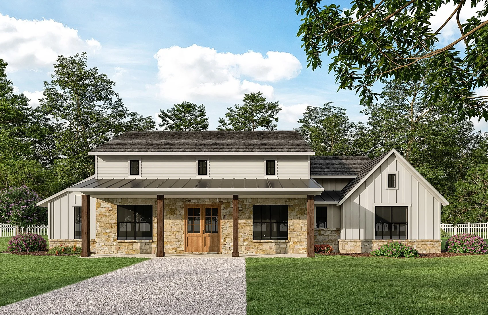 Front view of a modern house with a gravel driveway, stone and white siding exterior, wooden front door, and a covered porch with wooden posts, surrounded by green grass and trees.