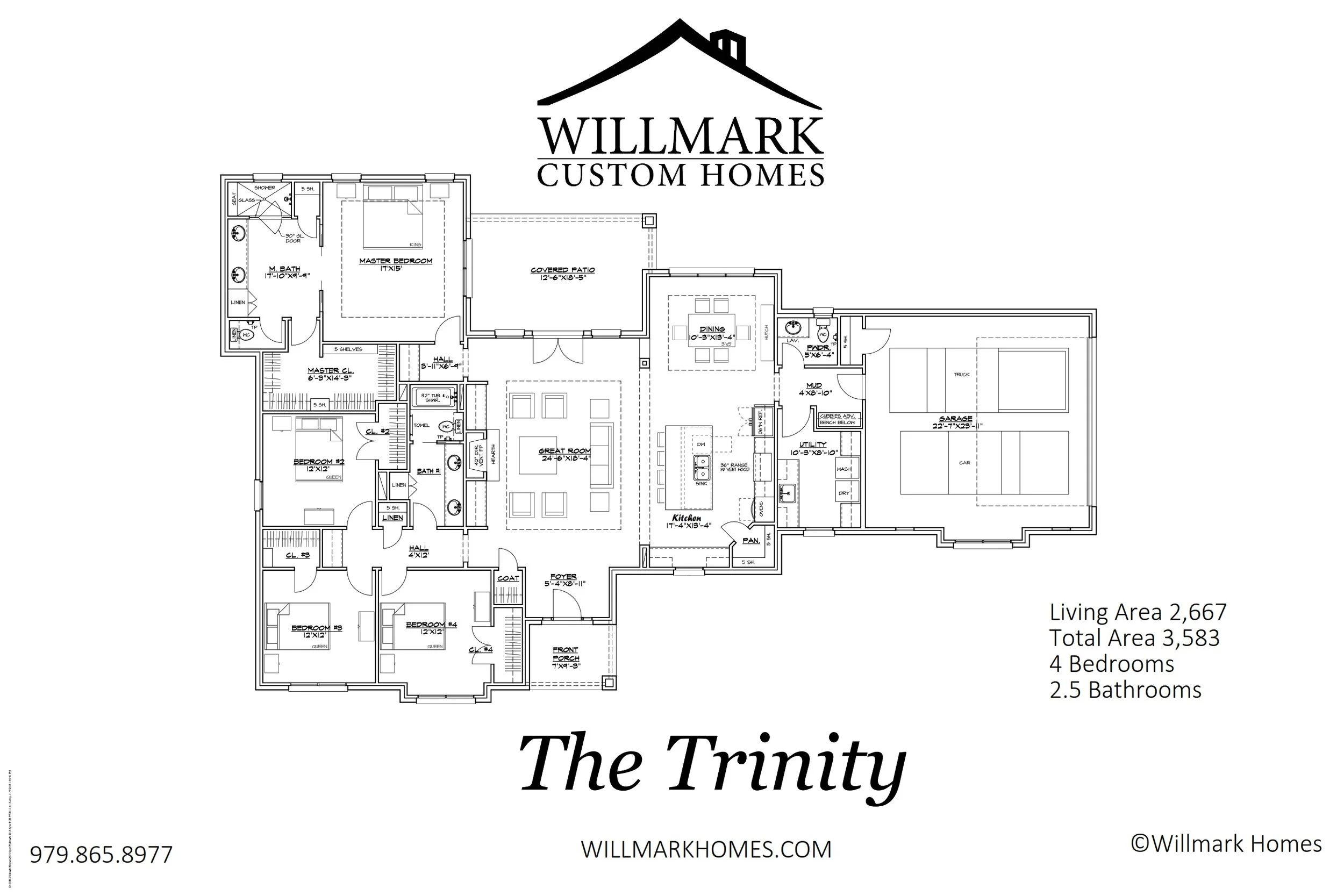 Floor plan of a house named 'The Trinity' by Willmark Custom Homes. It has 4 bedrooms, 2.5 bathrooms, a living area of 2,667 sq ft, and a total area of 3,583 sq ft. The layout includes a master bedroom, three additional bedrooms, a great room, kitche
