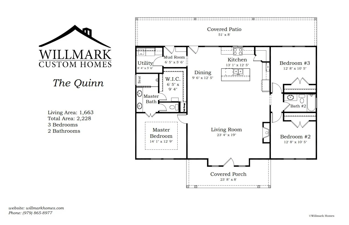 Floor plan of a single-story home with labeled rooms, including three bedrooms, two bathrooms, living areas, kitchen, utility, mudroom, and covered porches.