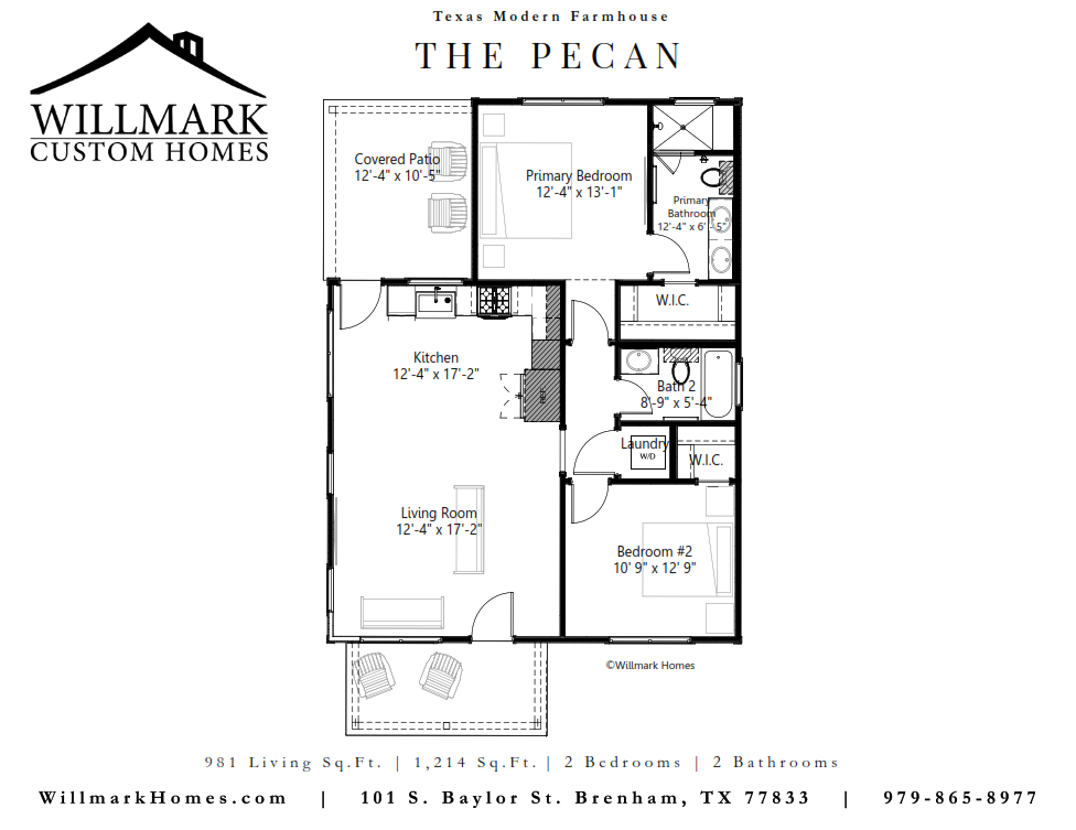 The Pecan floorplan, modern farmhouse with 981 Sq. Feet, 2 bedrooms and 2 bathrooms-designed by Willmark Custom Homes