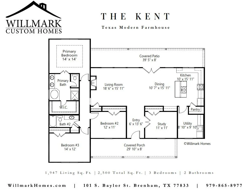 The Kent Modern Farmhouse floorplan with 3 bedrooms, 2 bathrooms and a study, 1,947 Sq. Feet-designed by Willmark Custom Homes