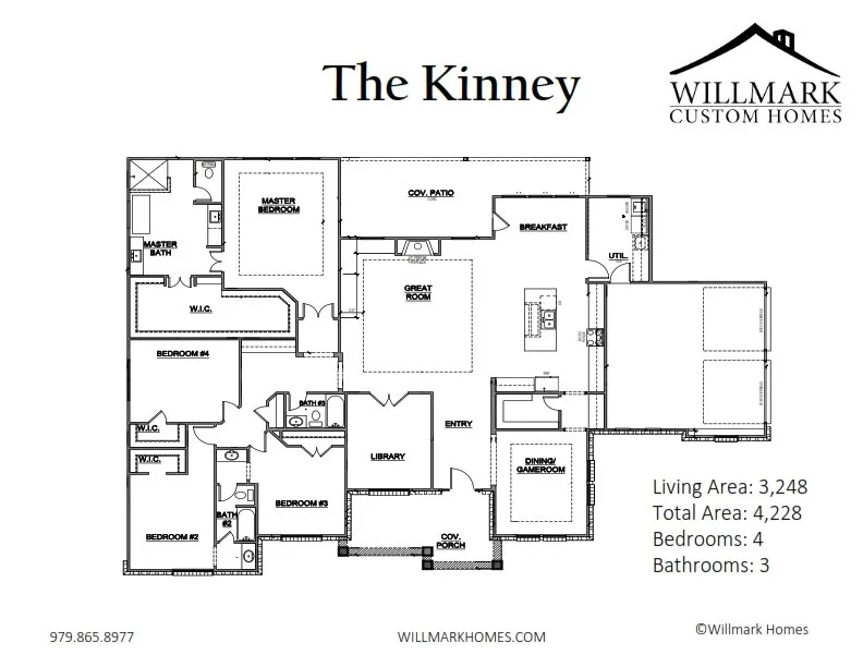 Floor plan of a house named The Kinney by Willmark Custom Homes, showing four bedrooms, three bathrooms, a living area of 3,248 square feet, and a total area of 4,228 square feet. The layout includes a master bedroom suite, secondary bedrooms, bathro
