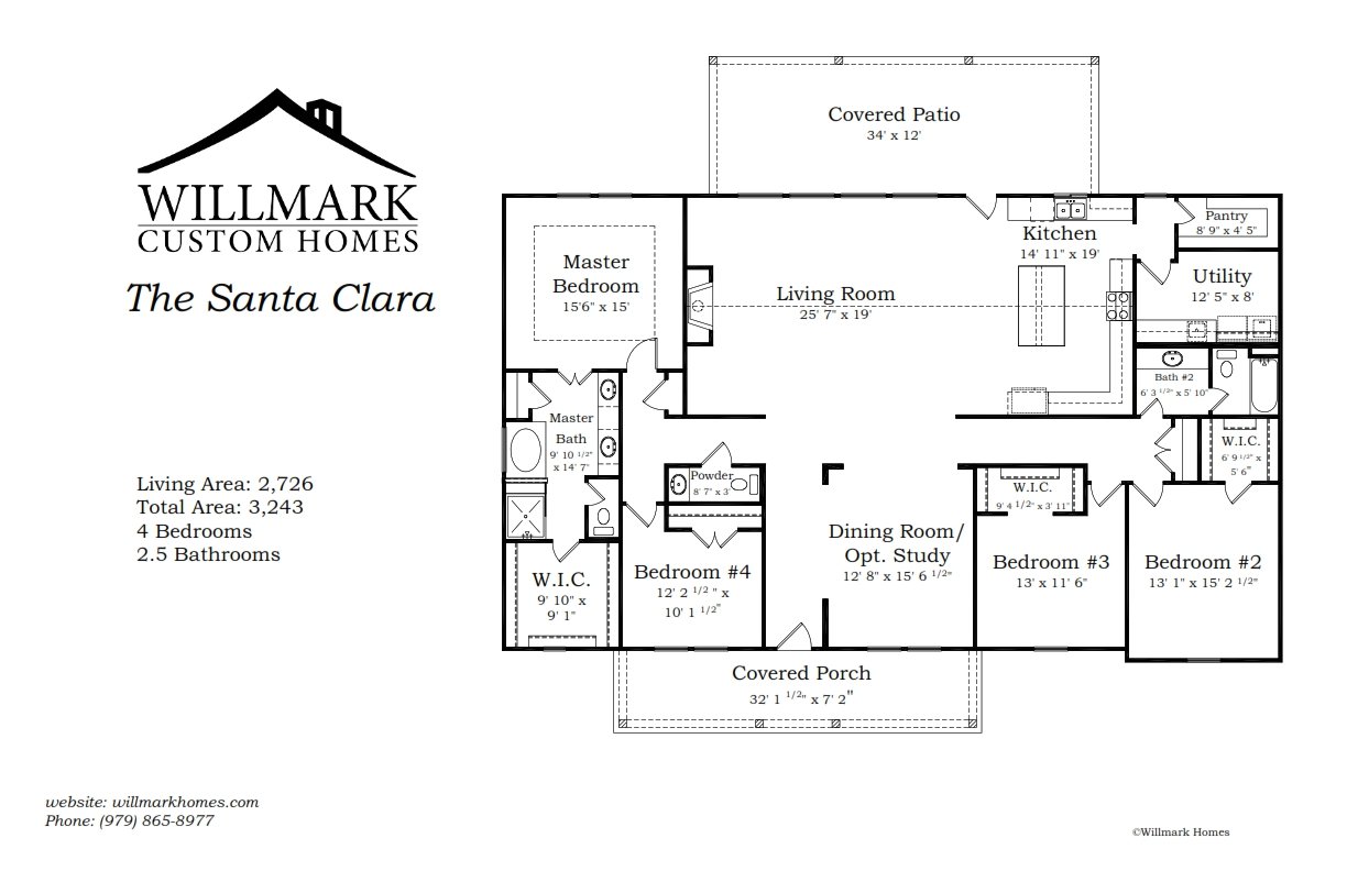 Floor plan blueprint of a house called 'The Santa Clara' by Willmark Custom Homes, showing room dimensions and layout, including a covered patio, porch, kitchen, utility room, bedrooms, bathrooms, and a living room.