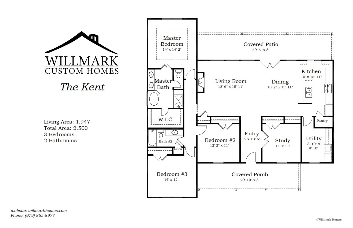 Floor plan of a Willmark Custom Homes house, called The Kent, showing layout with three bedrooms, two bathrooms, and various living spaces including a covered porch and patio.