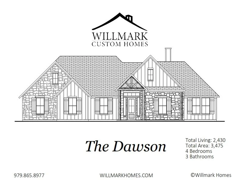 Architectural drawing of a house named The Dawson by Willmark Custom Homes, featuring stone and siding exterior, four bedrooms, three bathrooms, and a total living area of 2,430 square feet.