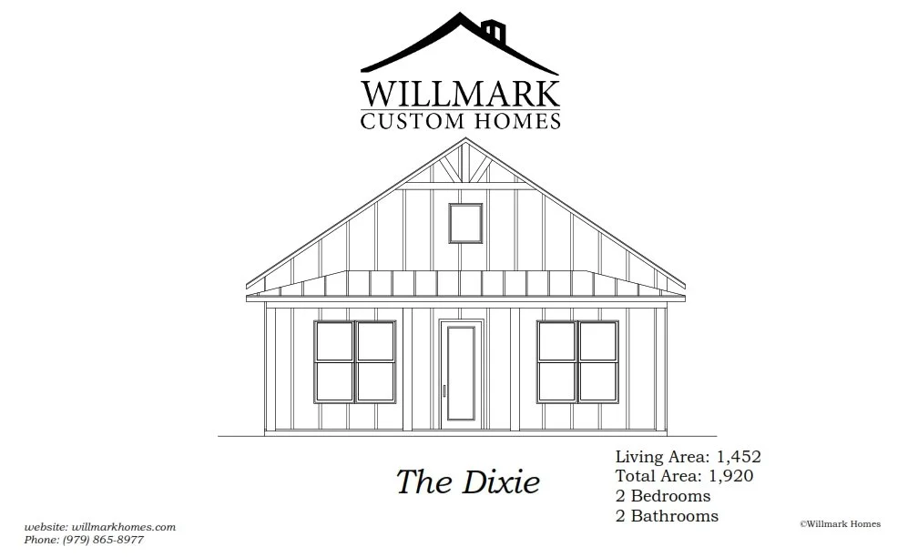 Blueprint drawing of a house called The Dixie by Willmark Custom Homes, with a logo at the top, contact information at the bottom left, and details about the living and total area, bedrooms, and bathrooms on the bottom right.