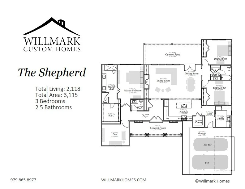 Floor plan for Willmark's 'The Shepherd' model, showing three bedrooms, 2.5 bathrooms, a living room, dining room, kitchen, master bedroom with walk-in closet, covered porch, garage with storage, and outdoor patio.