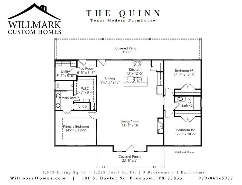 The Quinn Modern Farmhouse floorplan, 3 bedrooms, 2 bathrooms, 1,663 Sq. Ft.-designed by Willmark Custom Homes