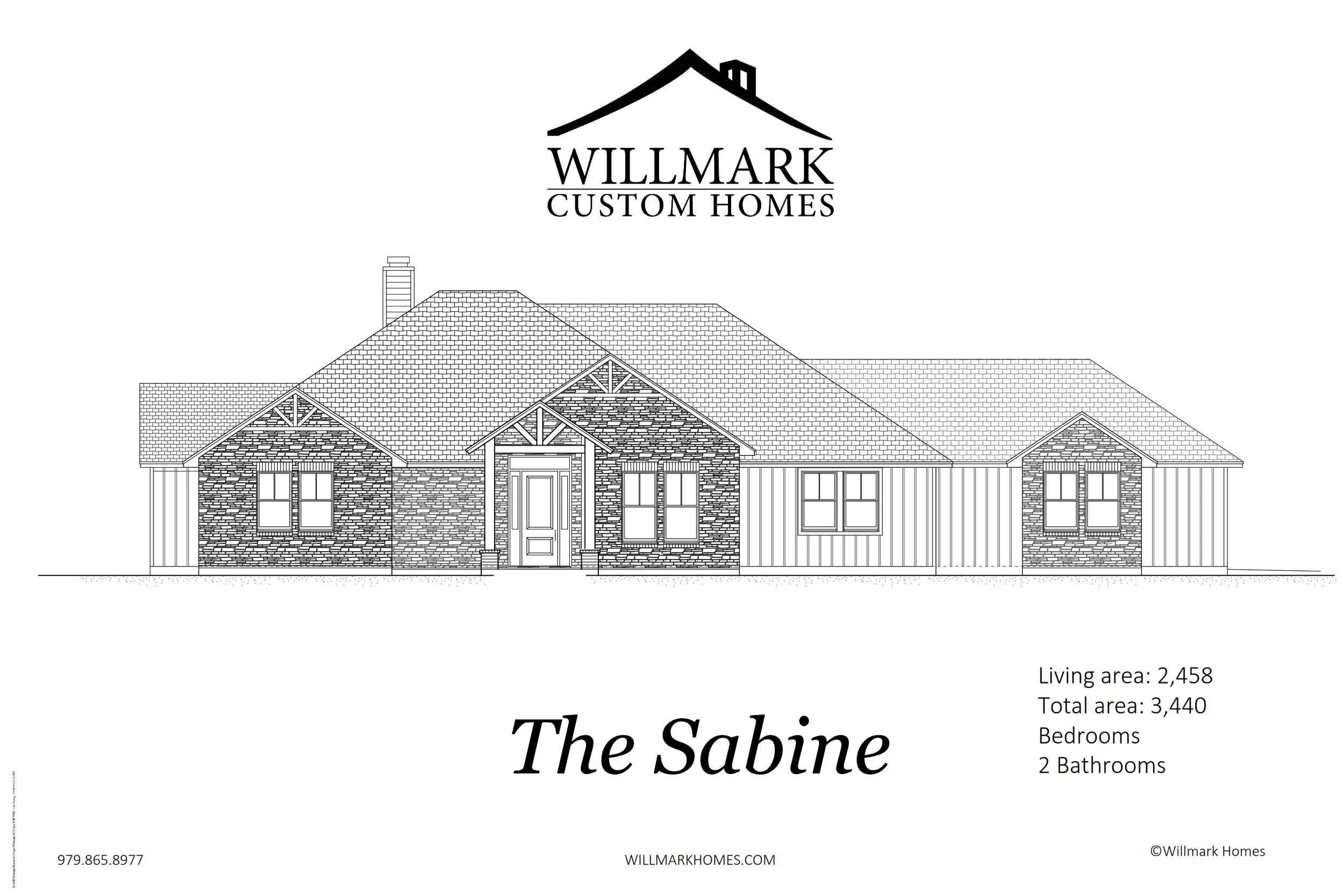 Architectural blueprint for a custom home named The Sabine by Willmark Custom Homes, showing a front elevation view of a house with brick and siding exterior, detailed roof design, and listed specifications including living area of 2,458 sq ft, total