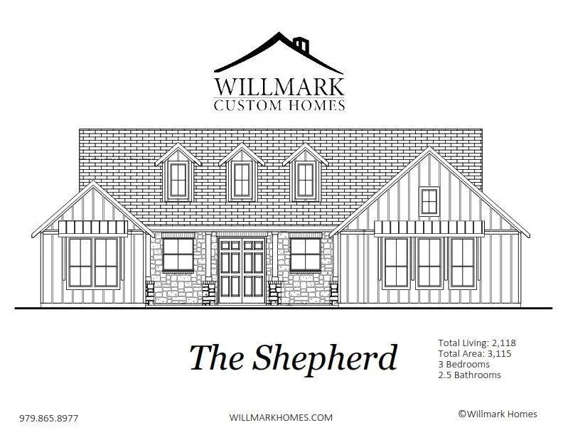 Blueprint drawing of a house design named 'The Shepherd' by Willmark Custom Homes, with a stone and siding facade, multiple windows, and three dormer windows on the roof.