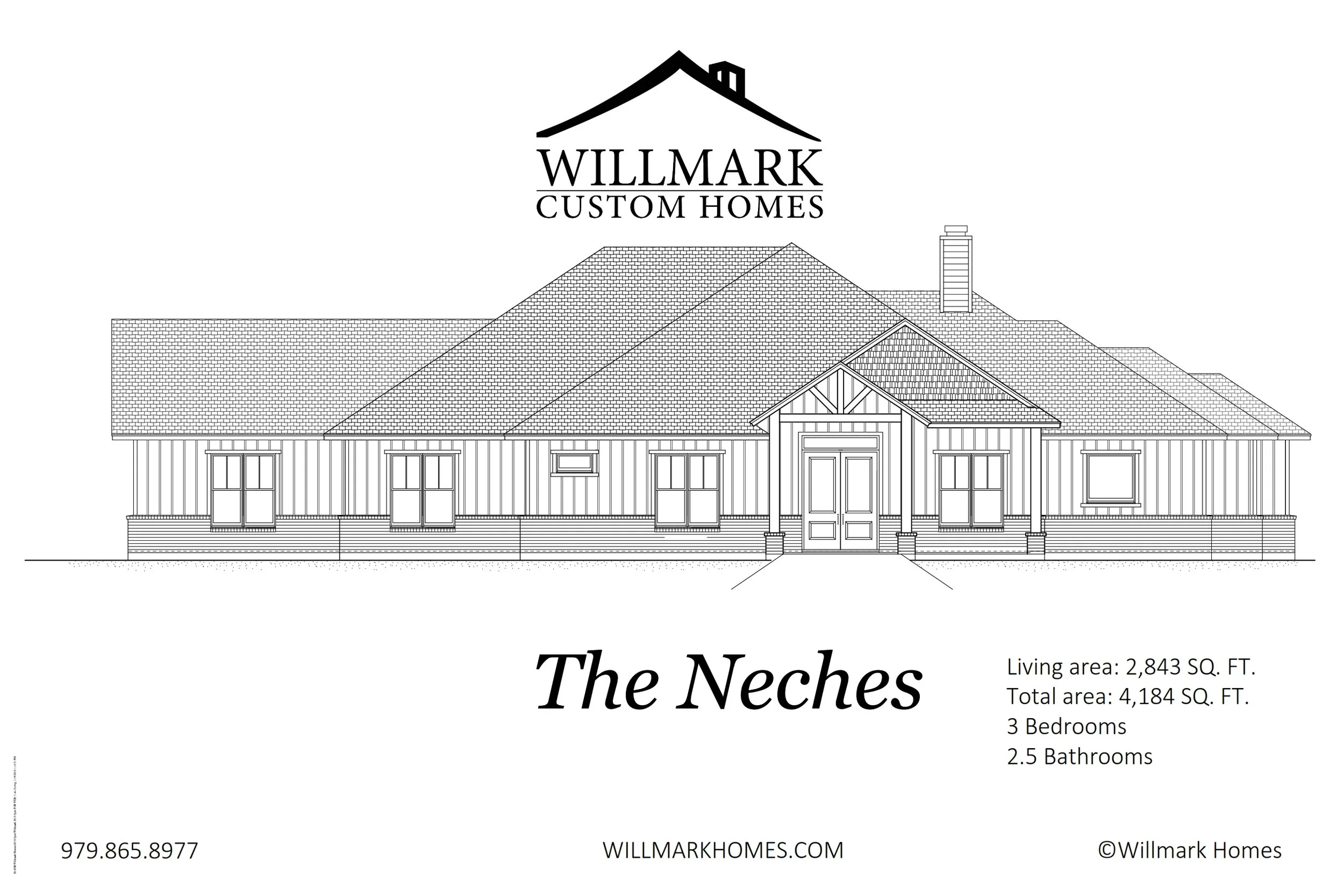 Design drawing of a house labeled 'The Neches' by Willmark Custom Homes, showing front elevation with garage and entrance, and information about size and features.