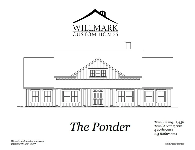 Design drawing of a custom home named The Ponder by Willmark Custom Homes, showing the front elevation with multiple windows, a central door, and a gabled roof. The logo of Willmark Custom Homes is above the house, and the project details list 4 bedr