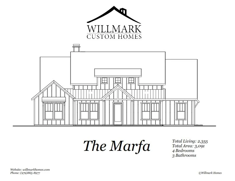 Blueprint drawing of a custom home called The Marfa by Willmark Homes, with details about total living space, area, bedrooms, and bathrooms.
