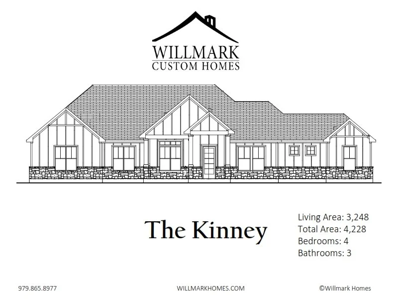 Blueprint of a house labeled 'The Kinney' by Willmark Custom Homes, with details about living area, total area, bedrooms, and bathrooms.