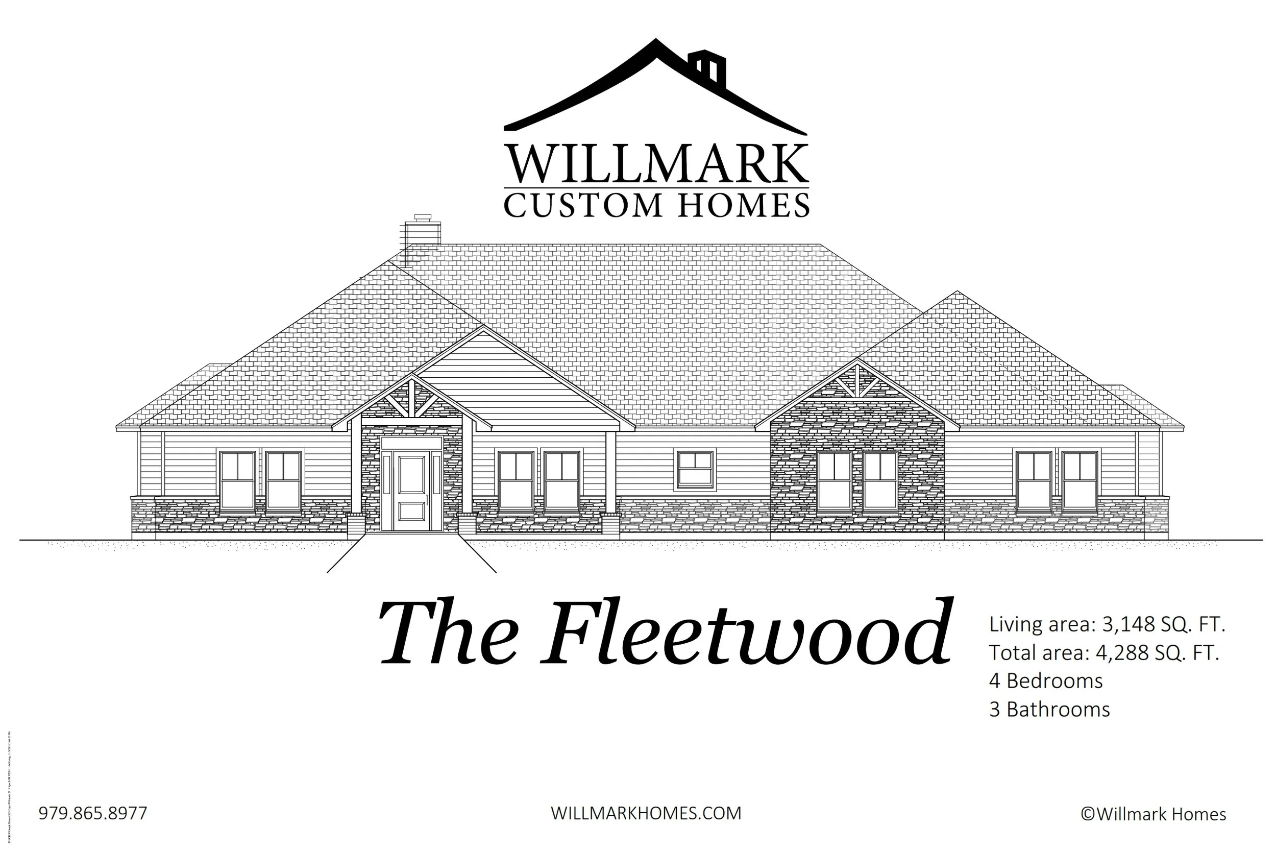 Architectural blueprint of a house design called The Fleetwood by Willmark Custom Homes, showing exterior elevation with stone and siding, multiple windows, and roof details, along with project information and contact details.