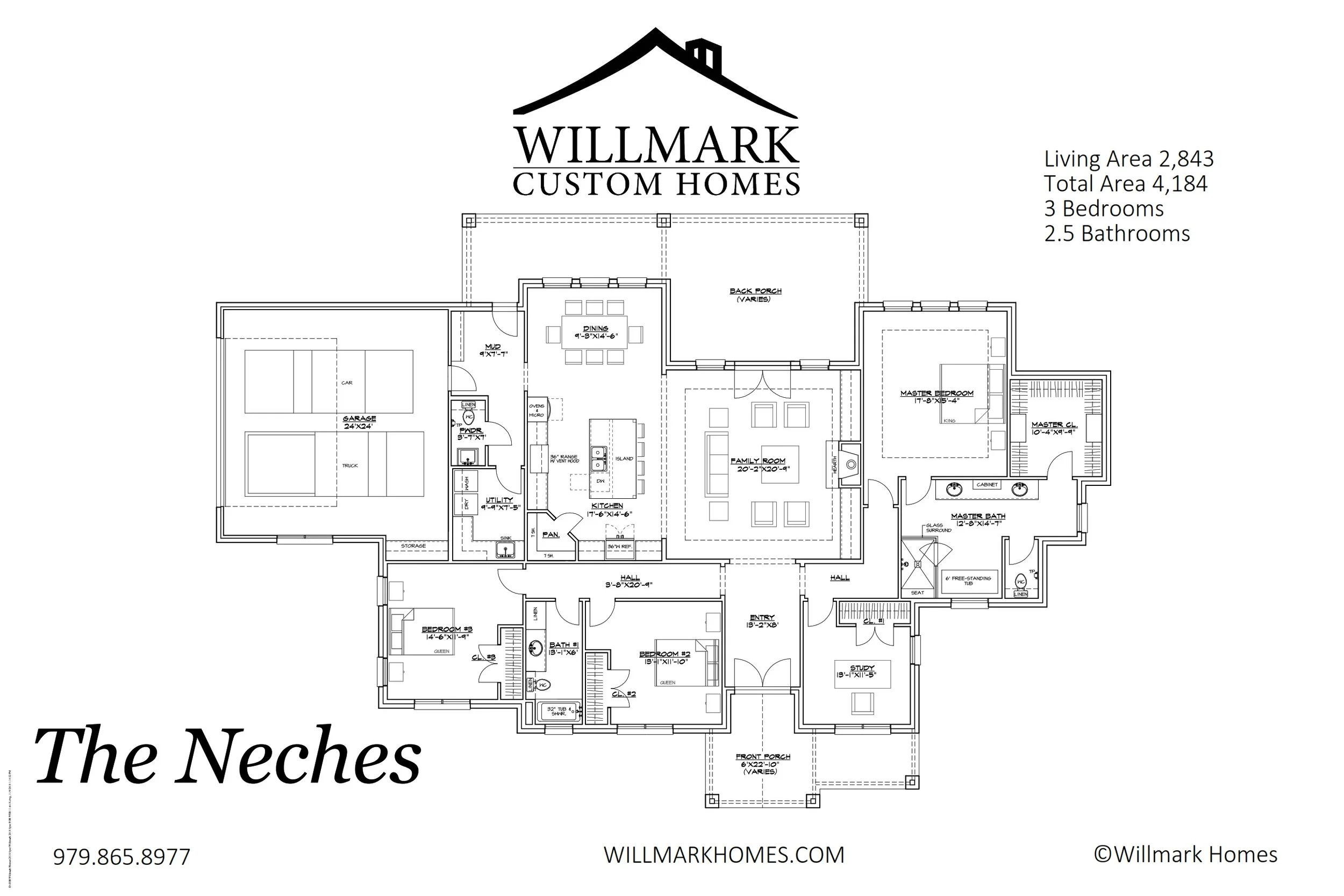 Floor plan of a custom home named The Neches by Willmark Homes, showing various rooms and dimensions.