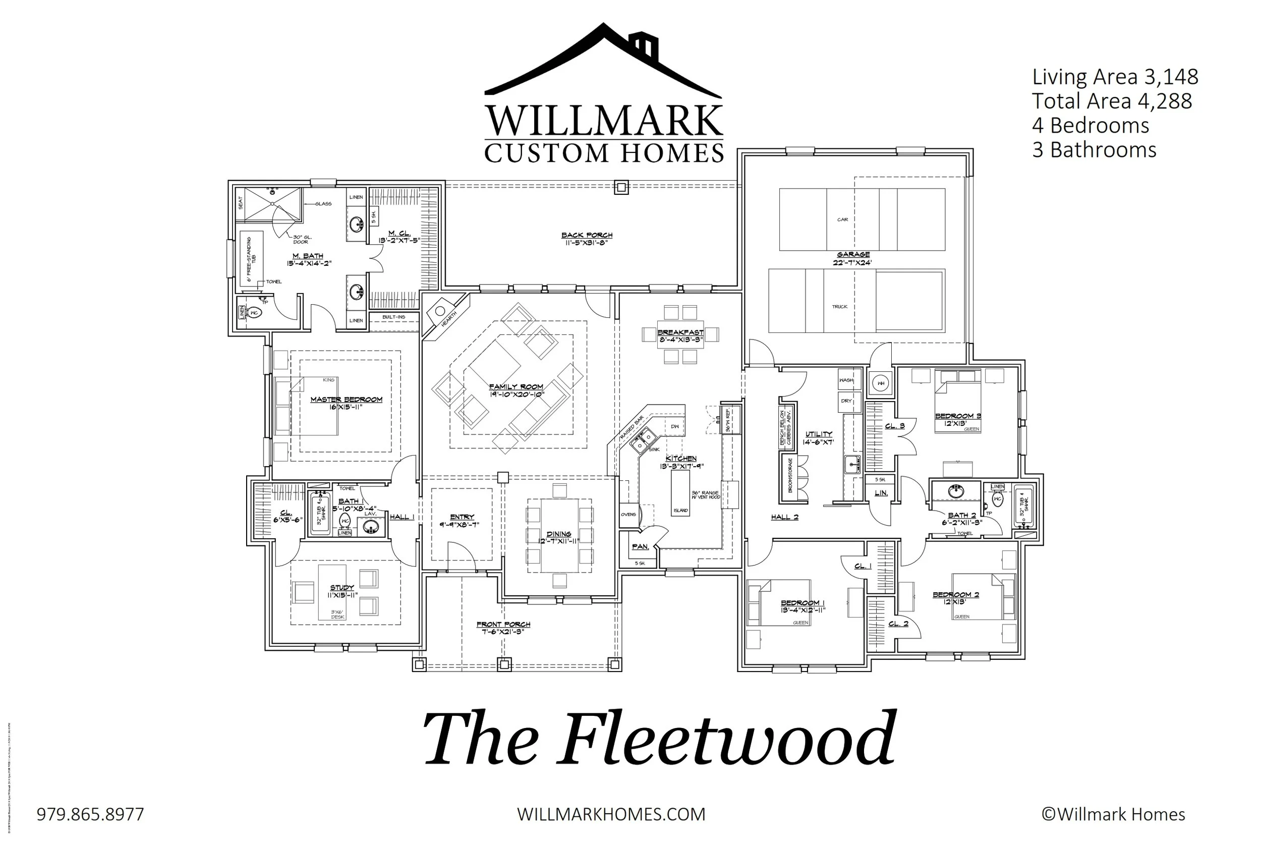 Detailed house floor plan titled "The Fleetwood" with various labeled rooms including living areas, bedrooms, bathrooms, kitchen, dining, utility, and garage, along with porch areas.