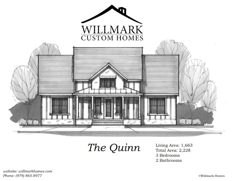 Blueprint for a house named 'The Quinn' by Willmark Custom Homes, showing a front view with trees, and details about living space, bedrooms, bathrooms, website, and phone number.