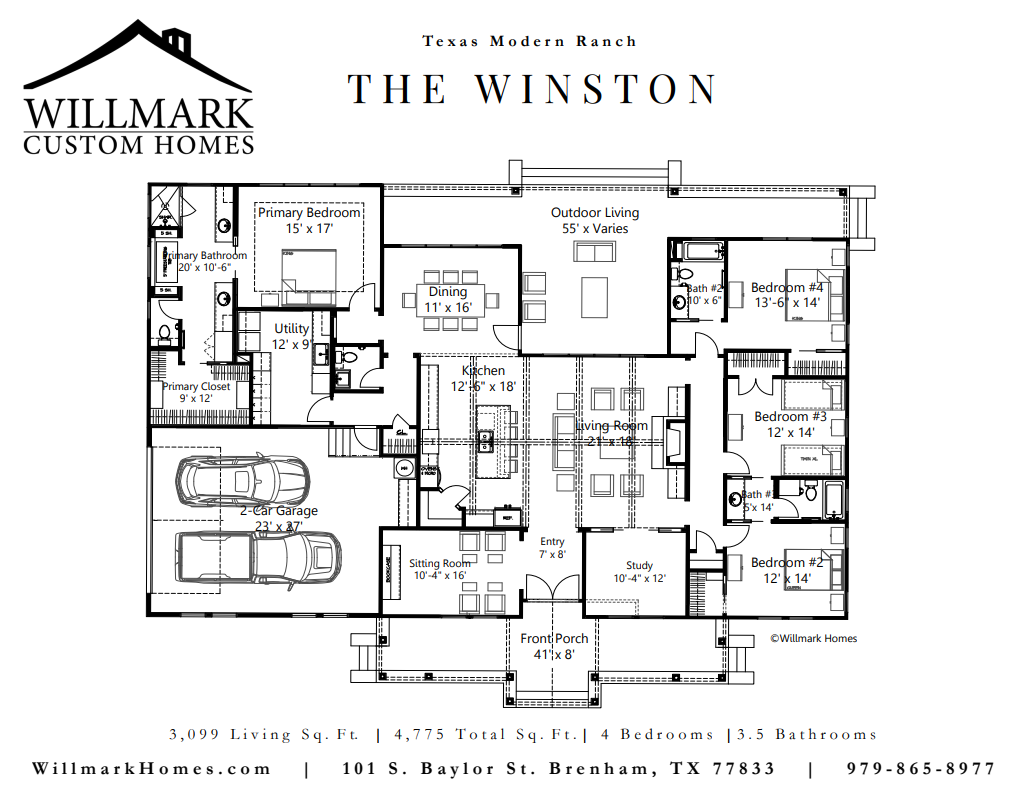 Texas Modern Ranch House Plan with 4 bedrooms and 3.5 bathrooms, Designed by Willmark Custom Homes