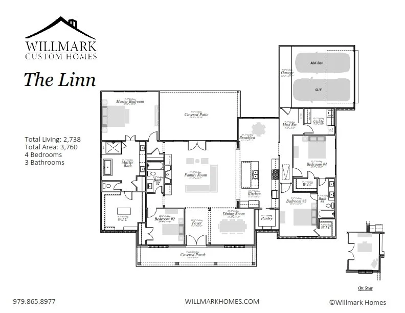 Floor plan of a house labeled 'The Linn' by Willmark Homes, showing four bedrooms, three bathrooms, a family room, kitchen, dining room, master bedroom with walk-in closet, additional bedrooms, covered porch, garage, and outdoor features like a cover