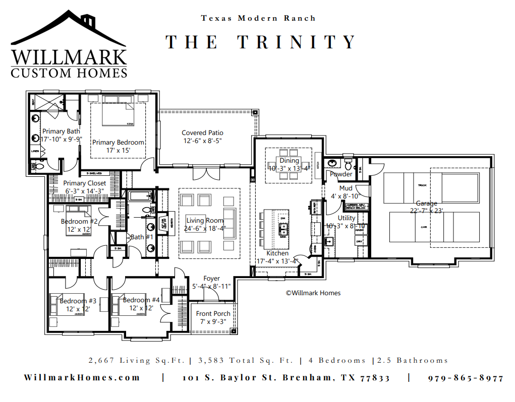 Modern Ranch floorplan with 4 bedrooms and 2.5 baths, Texas, Willmark Custom Homes