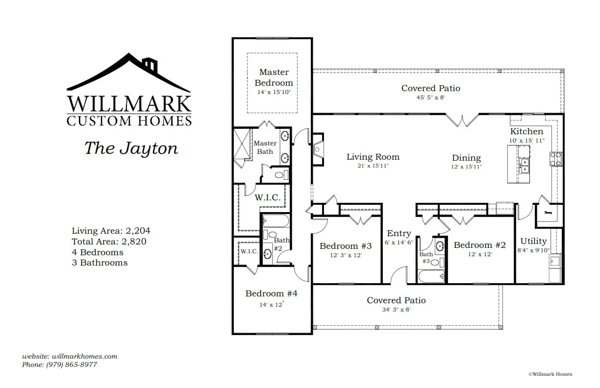 Floor plan of a house called 'The Jayton' by Willmark Custom Homes, featuring four bedrooms, three bathrooms, and two covered patios, with room dimensions and layout details.