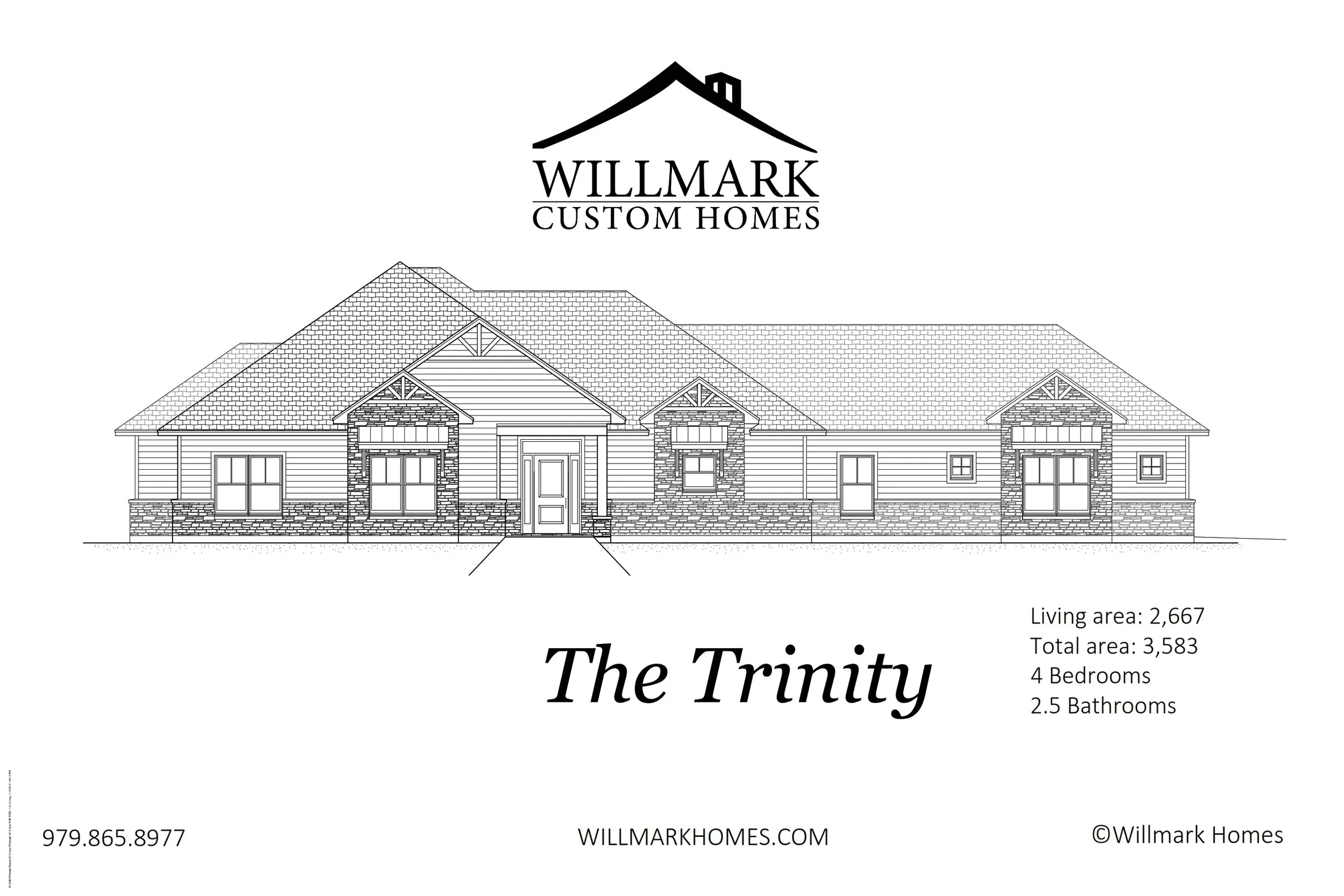 Line drawing of a single-story residential house with multiple gable roofs and brick accents, for Willmark Custom Homes, titled 'The Trinity', with area and contact information.