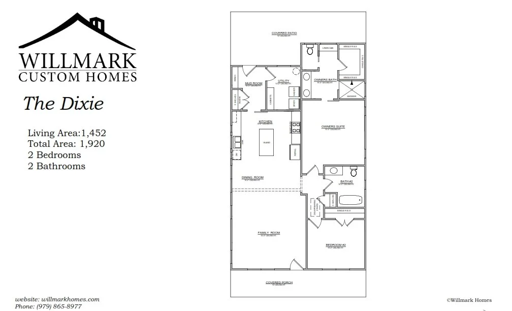Floor plan of a house named 'The Dixie' by Willmark Custom Homes, showing living areas, bedrooms, bathrooms, kitchen, and utility spaces, with included square footage.