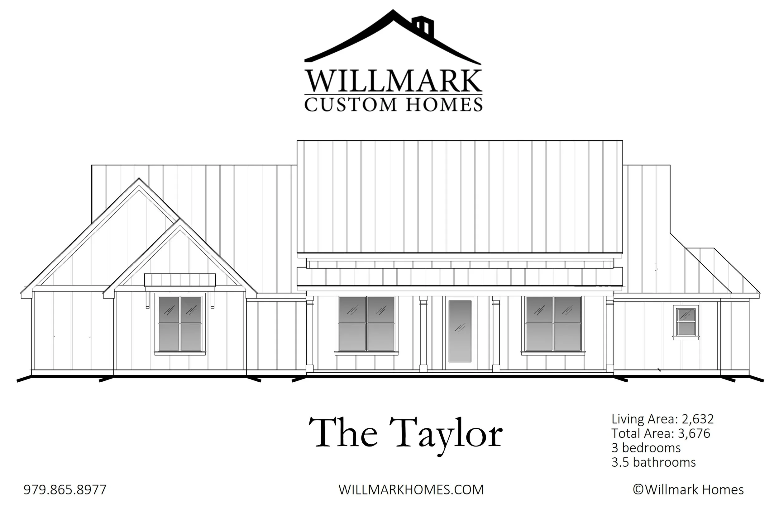 Architectural blueprint of a house named The Taylor, by Willmark Custom Homes, showing a side view of a modern farmhouse with details about living area, total area, and number of bedrooms and bathrooms.