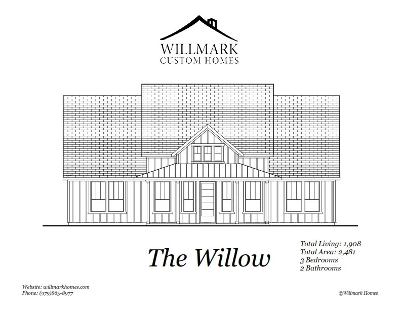 Blueprint drawing of a house named The Willow by Willmark Custom Homes with the company logo at the top, featuring a mountain with a house silhouette. The house has a gabled roof with multiple windows, and details of size, bedrooms, and bathrooms are