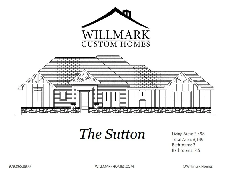 Blueprint drawing of a house named 'The Sutton' by Willmark Custom Homes with dimensions, contact info, and website details.
