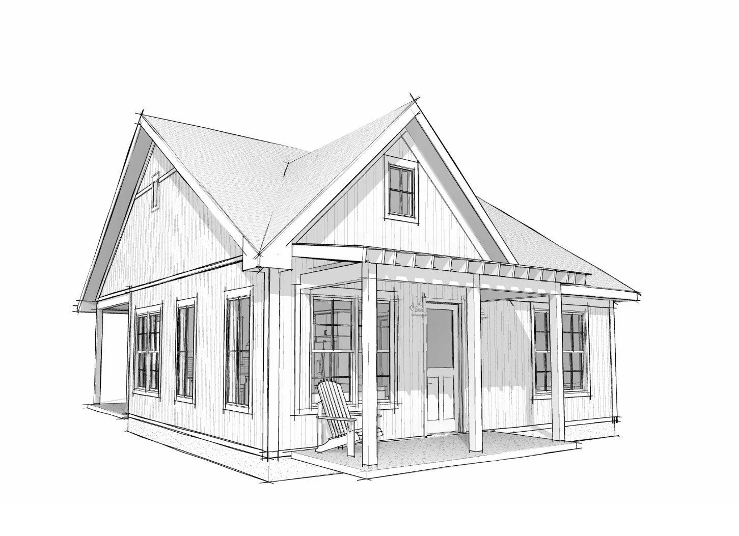 A black-and-white architectural sketch of a small house with a steep gabled roof, a front porch with a chair, and multiple windows.