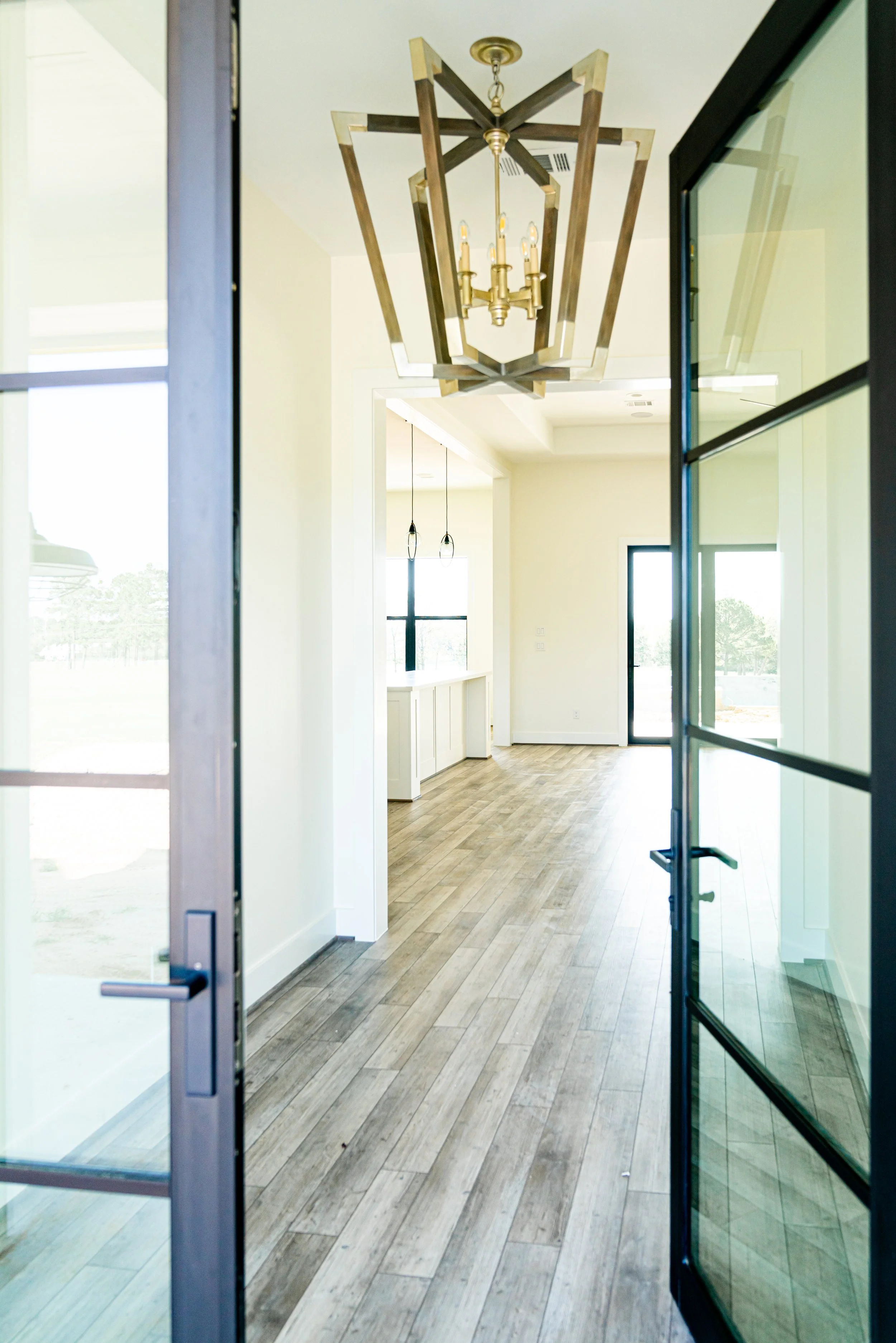 View through black-framed glass door into a bright modern open-concept living space with wood flooring, white walls, a hanging geometric chandelier, and several large windows letting in natural light.