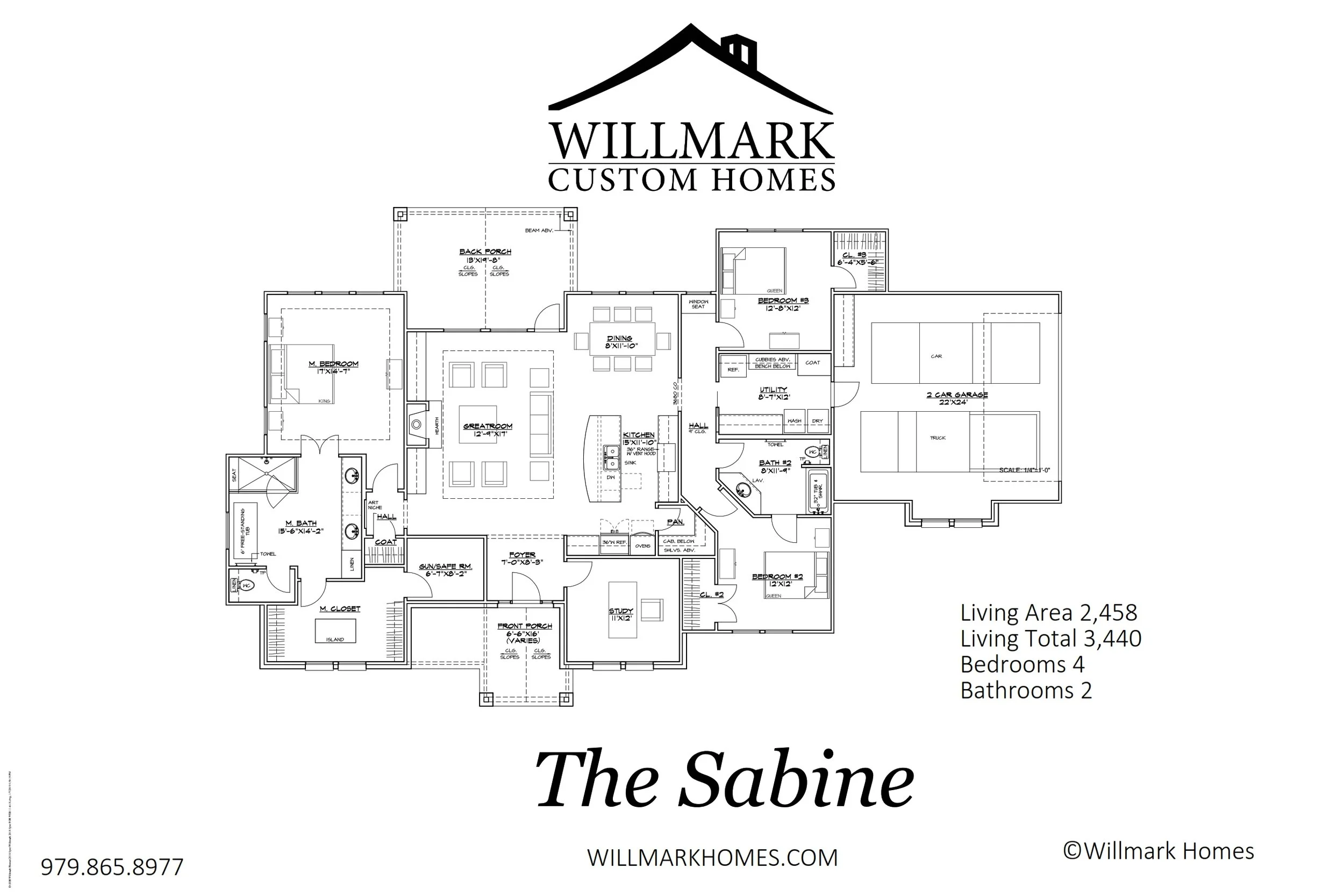 Detailed floor plan of a house named 'The Sabine' by Willmark Custom Homes, showing rooms such as bedrooms, bathrooms, kitchen, living room, garage, and porches, along with room dimensions and layout.