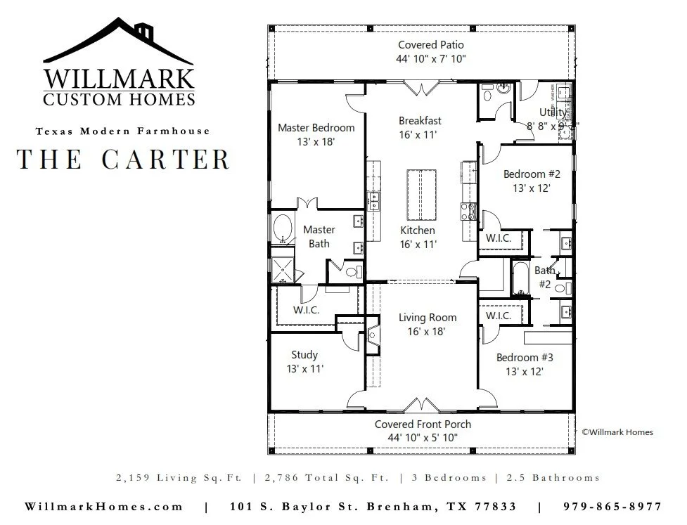 The Carter Modern Farmhouse floorplan with 3 bedrooms, 2.5 bathrooms, 2,159 Sq. Feet-designed by Willmark Custom Homes