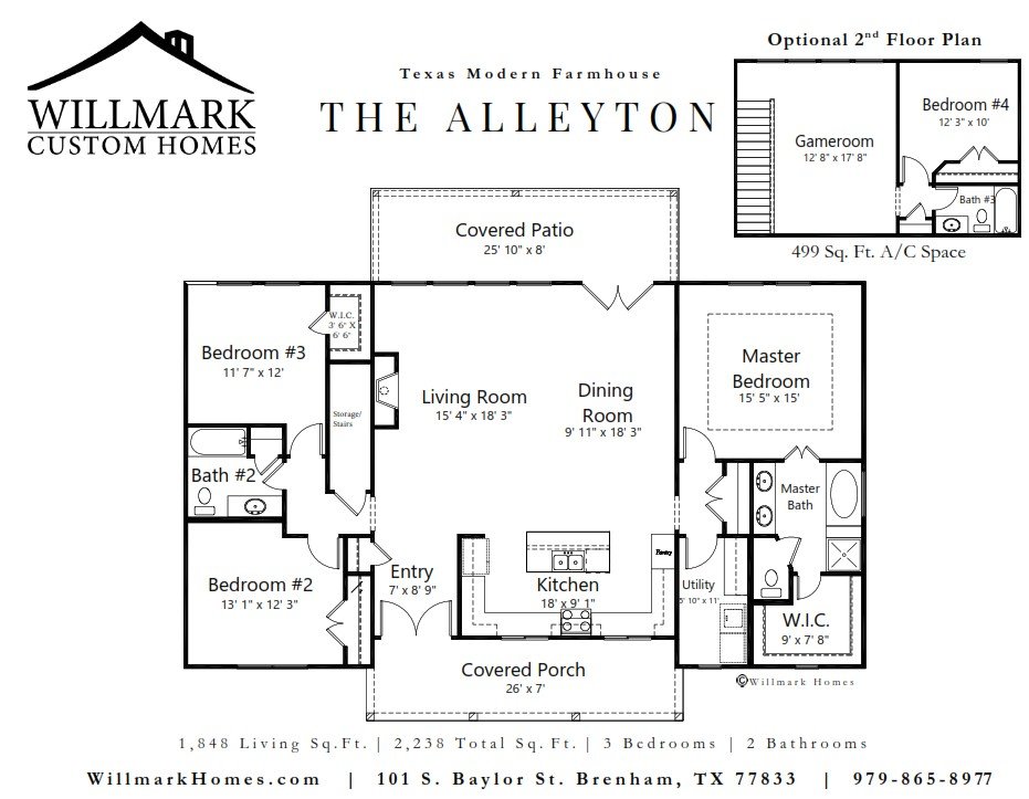 The Alleyton Modern Farmhouse floorplan, 3 bedrooms, 2 bathrooms with optional 2nd floor game room, 4th bedroom and 3rd bathroom, 1,848 Sq. Feet-designed by Willmark Custom Homes