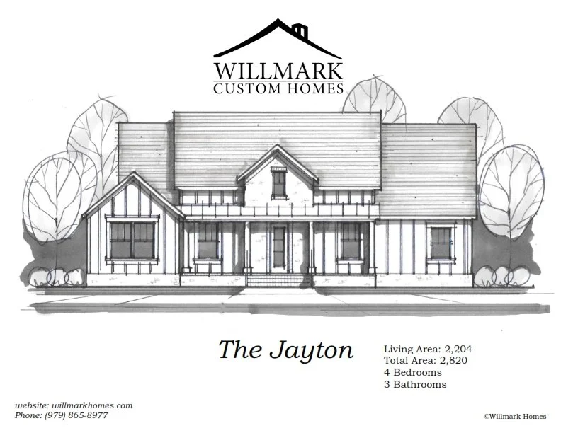A black-and-white architectural drawing of a house called The Jayton by Willmark Custom Homes, with details about living space, bedrooms, and bathrooms.