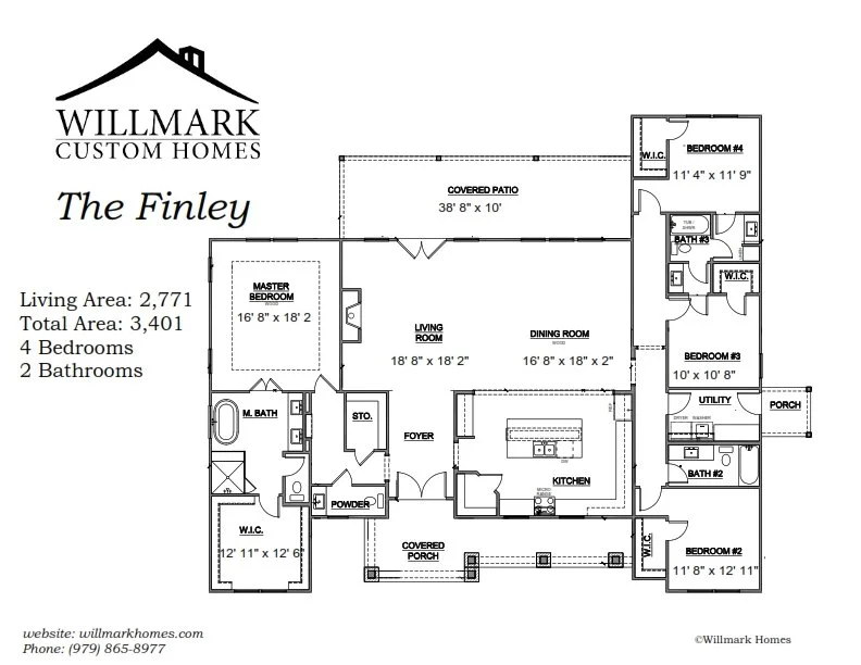 Floor plan of a custom home called The Finley with four bedrooms, two bathrooms, and a living area of 2,771 square feet.