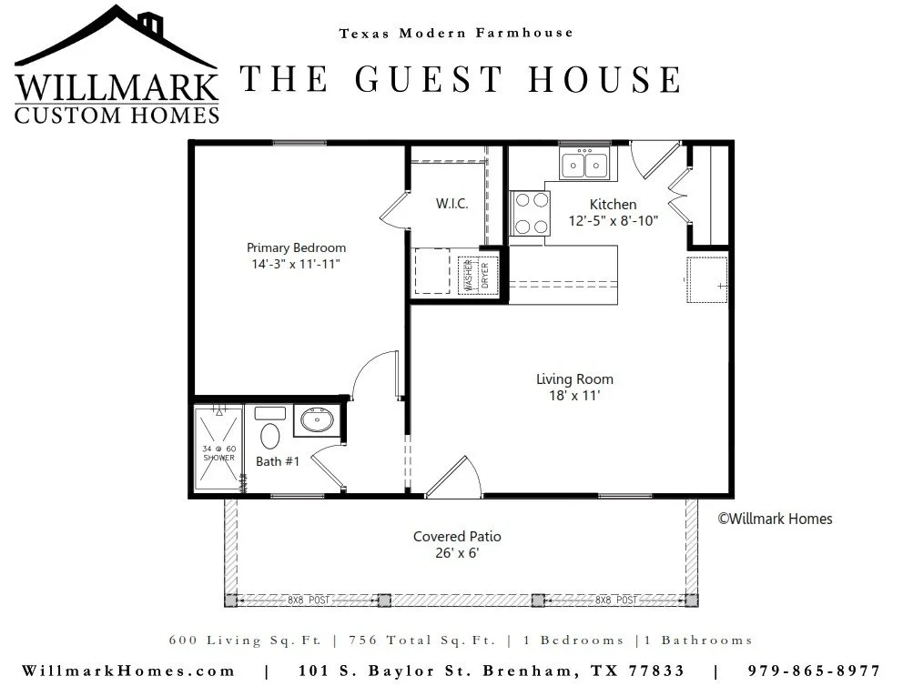 The Guest House floorplan with 1 bedroom and 1 bathroom, 600 Sq. Feet-designed by Willmark Custom Homes