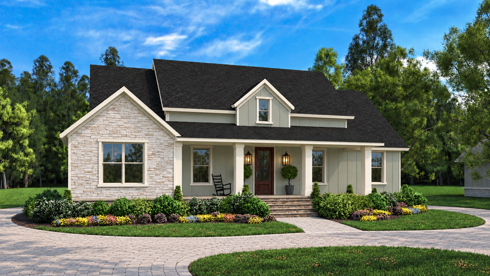 Texas Modern Farmhouse with stone driveway 