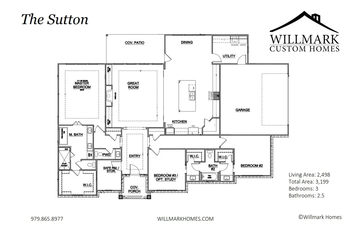 Floor plan of the house named 'The Sutton' with labeled rooms including master bedroom, great room, kitchen, utility, garage, bedrooms, bathrooms, and other features, along with the Willmark Custom Homes logo.