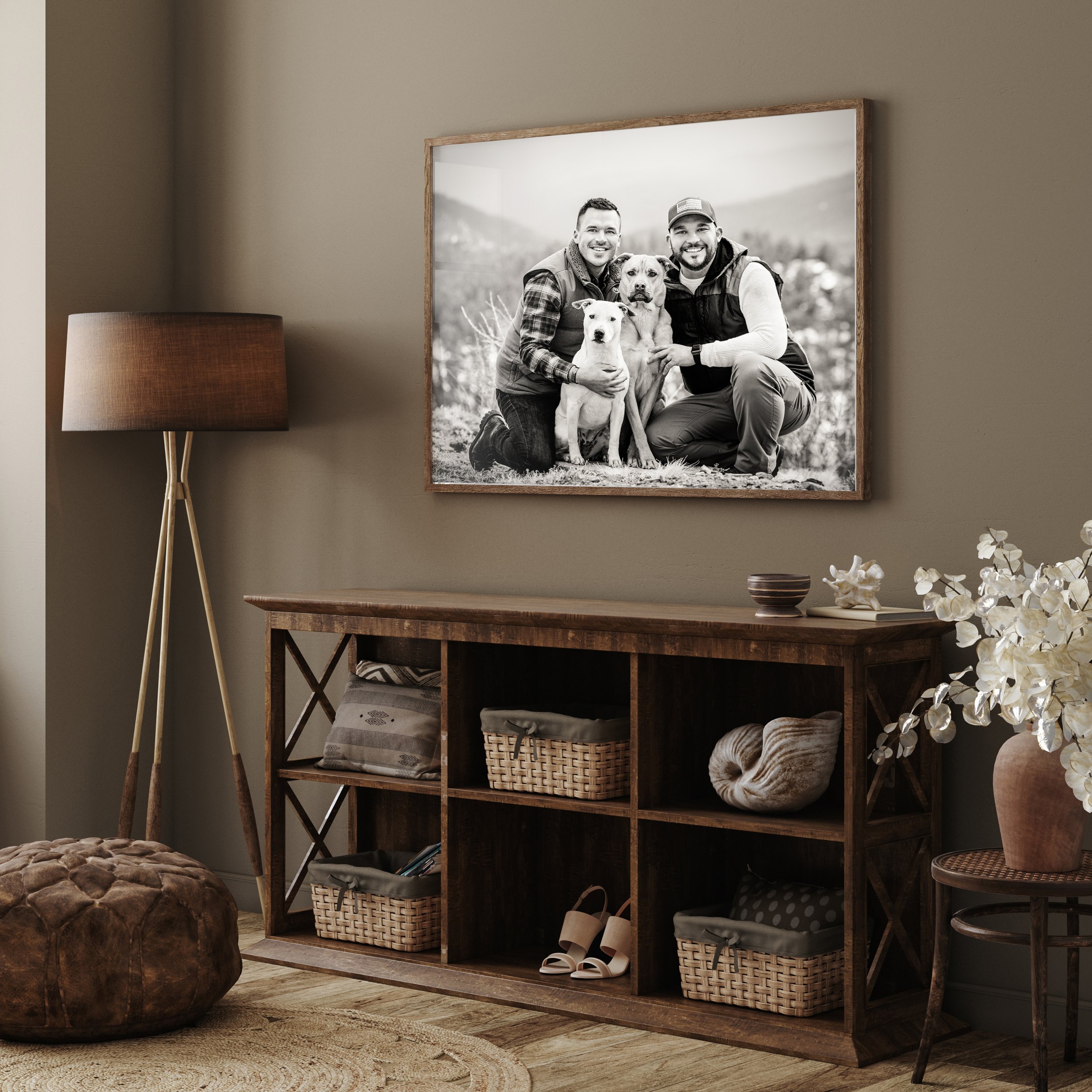 Poster frame mockup in farmhouse hallway interior, 3d render