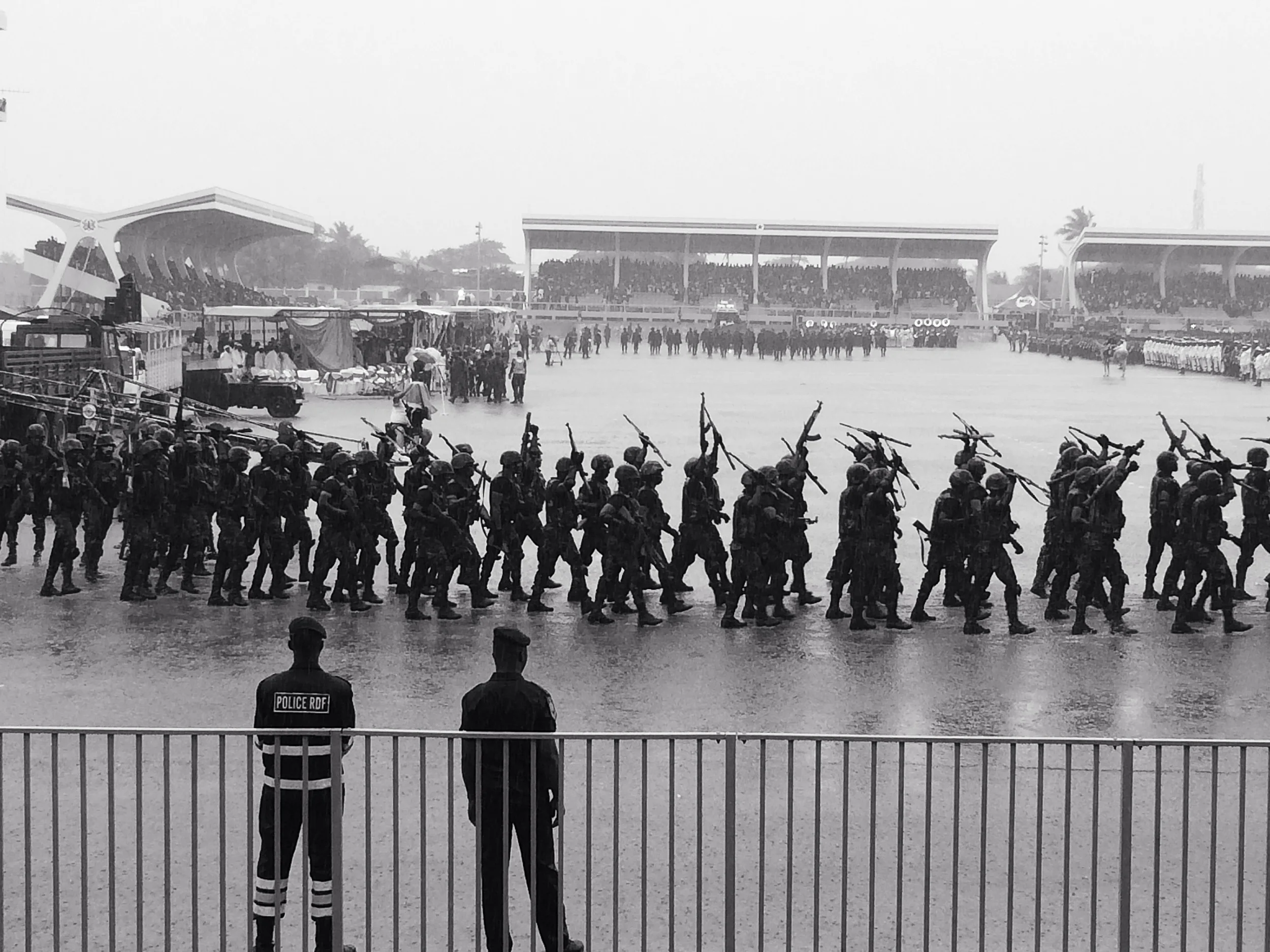 Rain-soaked soldiers at the parade